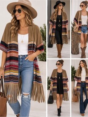 Boho Fringe Open-Front Poncho Shrug in Brown with Multicolor Stripes